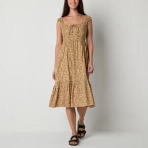 Arizona Cap Sleeve Floral Keyhole Tie Tiered Midi Peasant Dress Women Small NWOT